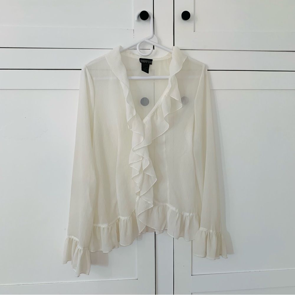 Baranda White Sheer Ruffle Blouse Size Small